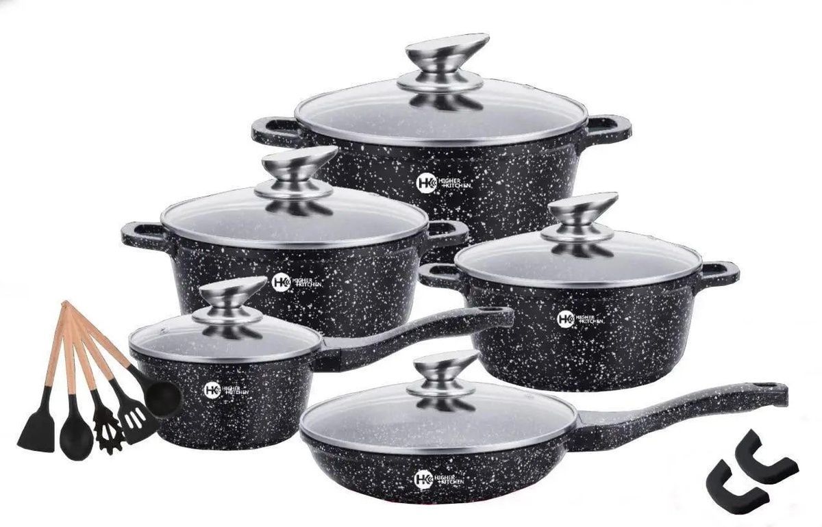 Набор посуды Higher Kitchen HK-305 17 предм. с крышками алюминий с гранитным покрытием кастрюли ковш сковорода AKU-004 фото